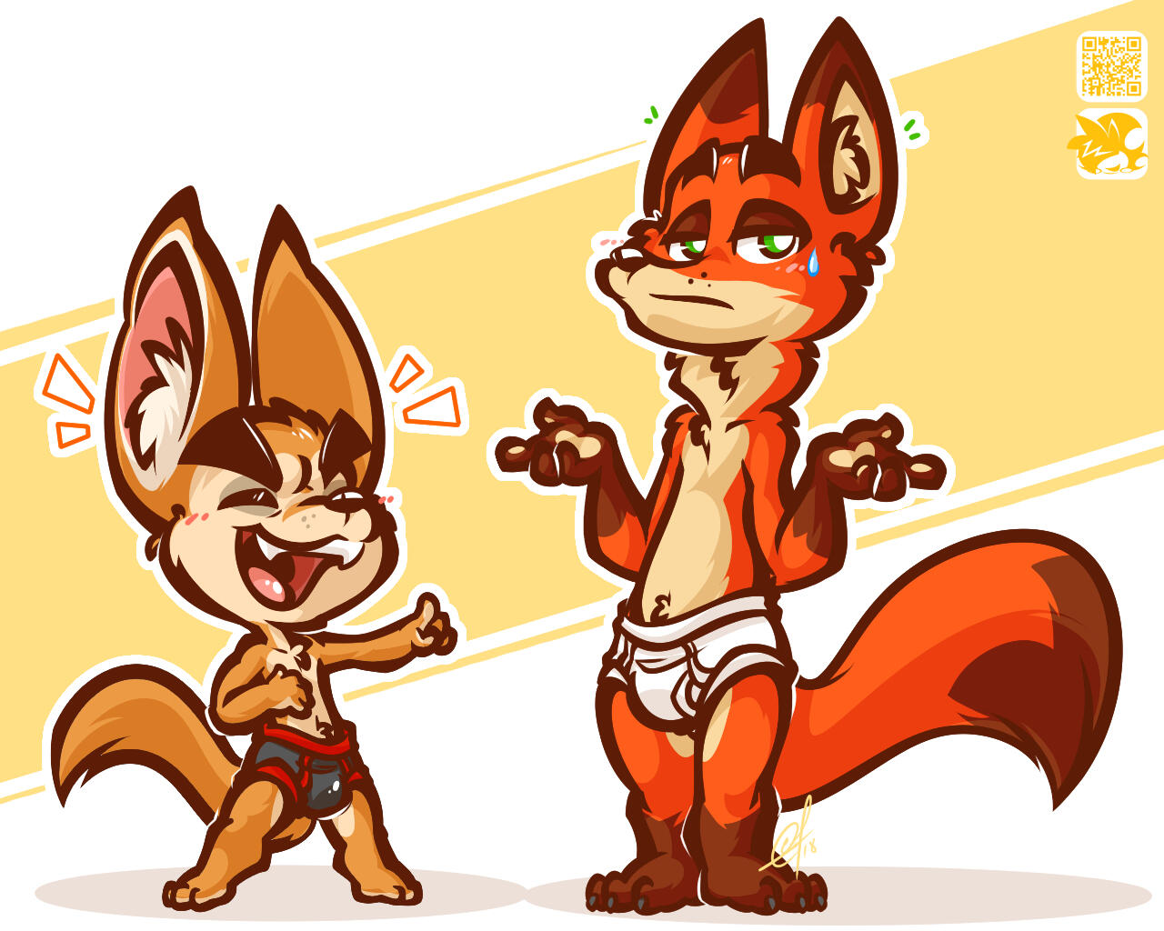 Finnick in black briefs with red trim, and Nick in white briefs.